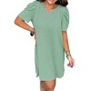 Amaryllis Women’s Textured Rib Knit Puff Sleeve Mini Dress Stretchy Casual Short Sleeve Crew Neck - 2 of 4