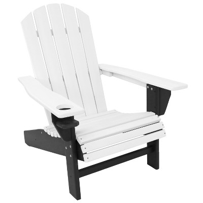 Sunnydaze Plastic All-Weather Outdoor Adirondack Chair with Drink Holder, White and Black