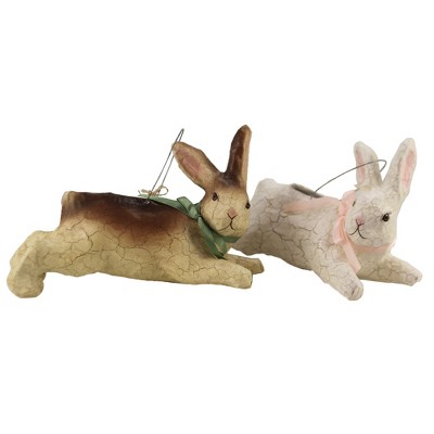 Easter 4.0" Leaping Bunny Bucket Set/2 White Tan Rabbits  -  Decorative Figurines
