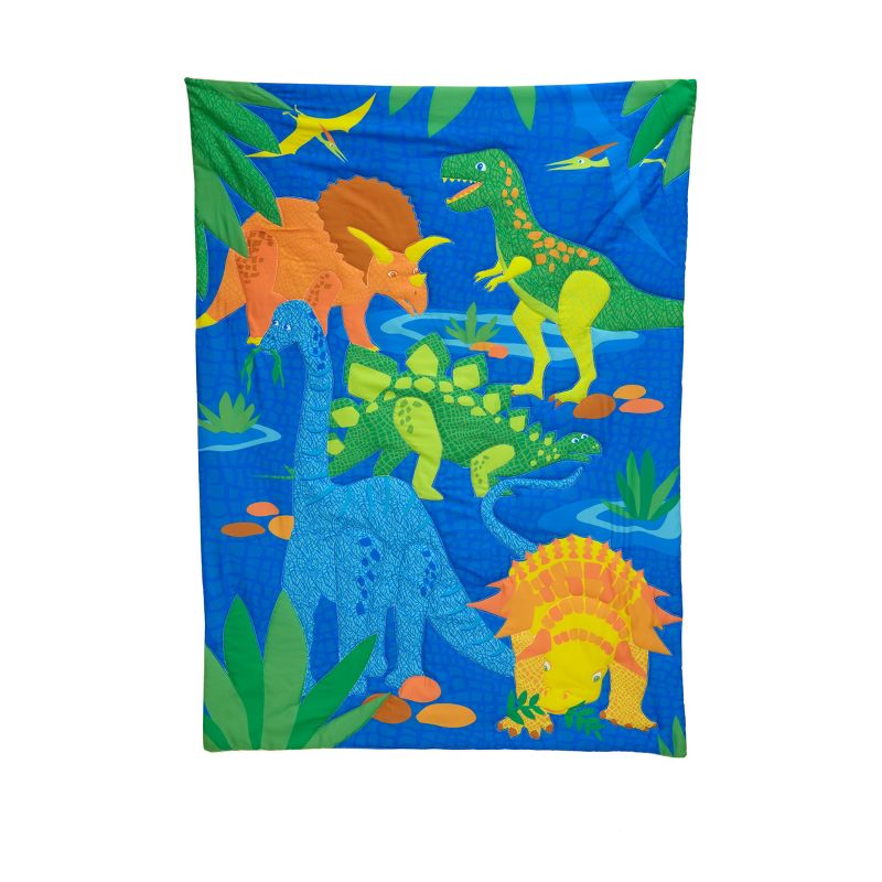 Everything Kids Dinosaurs Royal Blue, Orange and Green 4 Piece Toddler Bed Set - Comforter, Fitted Bottom Sheet, Flat Top Sheet, Reversible Pillowcase, 2 of 7