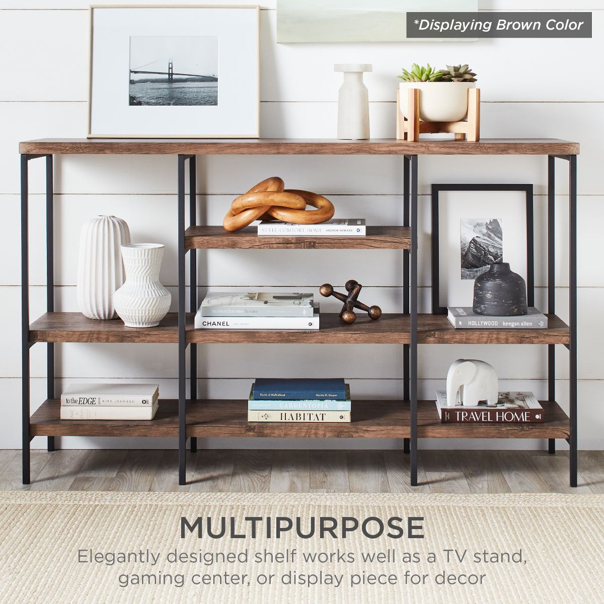Best Choice Products 55in Industrial 4-Tier Console Table w/ Tall Shelves, Metal Frame - Brown - thumbnail 4
