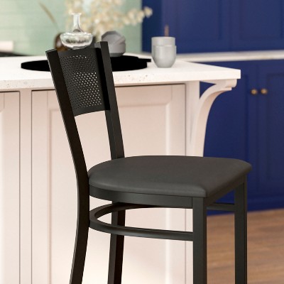 Black Metal Grid Back Barstool with Vinyl Seat