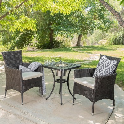 GDFStudio Ariel Outdoor Aluminum and Wicker 3 Piece Bistro Set with Cushion