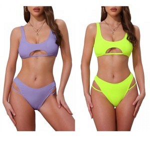 INSPIRE CHIC Women's Ribbed Scoop Neck Top Triangle Bottom Swimwear Bikini Suits 2 Sets - 1 of 4