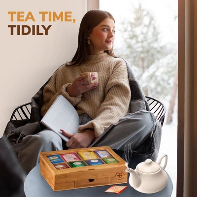 Natural Bamboo Tea Bag Organizer with Acrylic Window and Drawer