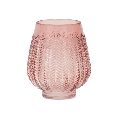 HomeRoots 6" Pink Glass Textured Leaf Pattern Round Table Vase