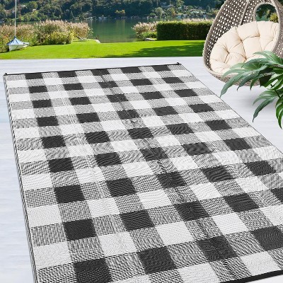 Waterproof Outdoor Rug Uv Resistant Plastic Straw Rug Modern Checkerboard Reversible Plaid Camping Carpet Picnic Mat for Beach, Backyard