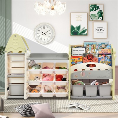 SKRAN Kids Toy Storage Organizer with 14 Bins, Multi-functional  Furniture, Toy Storage Cabinet Unit with HDPE Shelf and Bins for Playroom