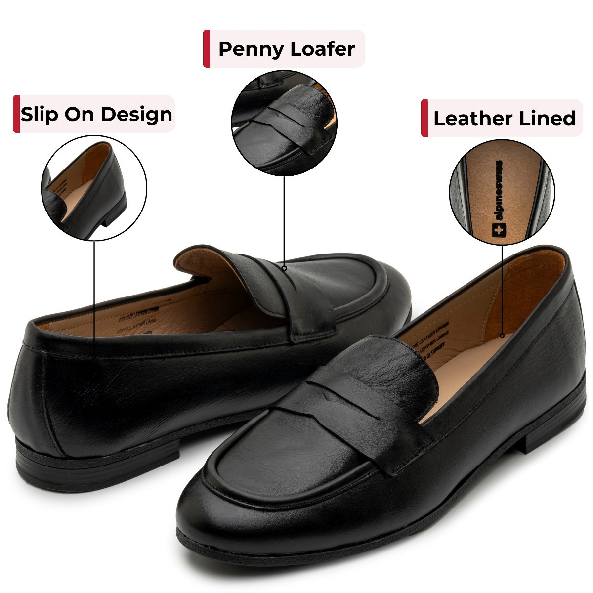 Женские туфли Alpine Swiss Helen Womens Leather Penny Loafers Comfortable Slip On Flat Shoes Dressy Professional Work Flats Black 6 — фото 3