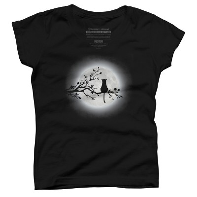 Girl's Design By Humans The Cat and The Moon By Maryedenoa T-Shirt
