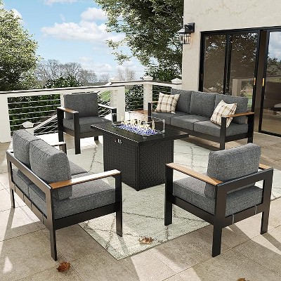 LayinSun 5 Pieces Aluminum Outdoor Patio Furniture Set with Fire Pit Table, Outside Metal Patio Conversation Sets with Deep Seating and Thick Cushions