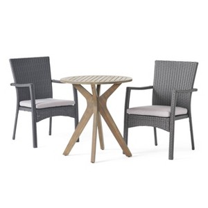 Kent 3pc Acacia Wood & Wicker Bistro Set - Gray - Christopher Knight Home: Outdoor Furniture with Iron Hardware - 1 of 4