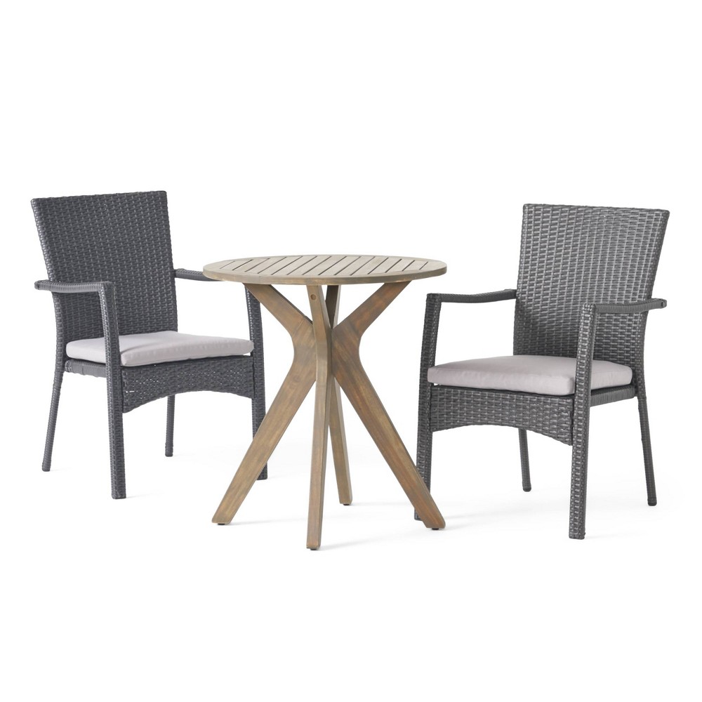 Photos - Garden Furniture Kent 3pc Acacia Wood & Wicker Bistro Set - Gray - Christopher Knight Home