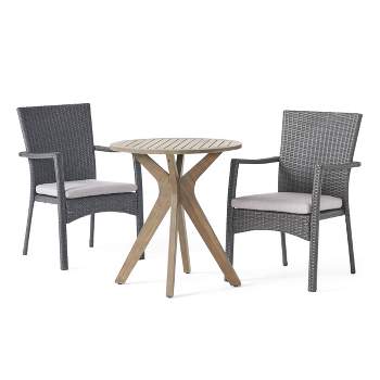 Kent 3pc Acacia Wood & Wicker Bistro Set - Gray - Christopher Knight Home