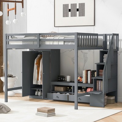 Full Size Loft Bed Frame with Wardrobe, Low Storage Table and Storage Staircase - ModernLuxe