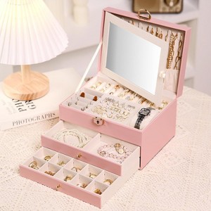 3-Layer Pink Jewelry Box with Lock & Mirror, 2-Drawer PU Leather Organizer & Display Case for Necklaces, Rings, Gift for Women - 1 of 4