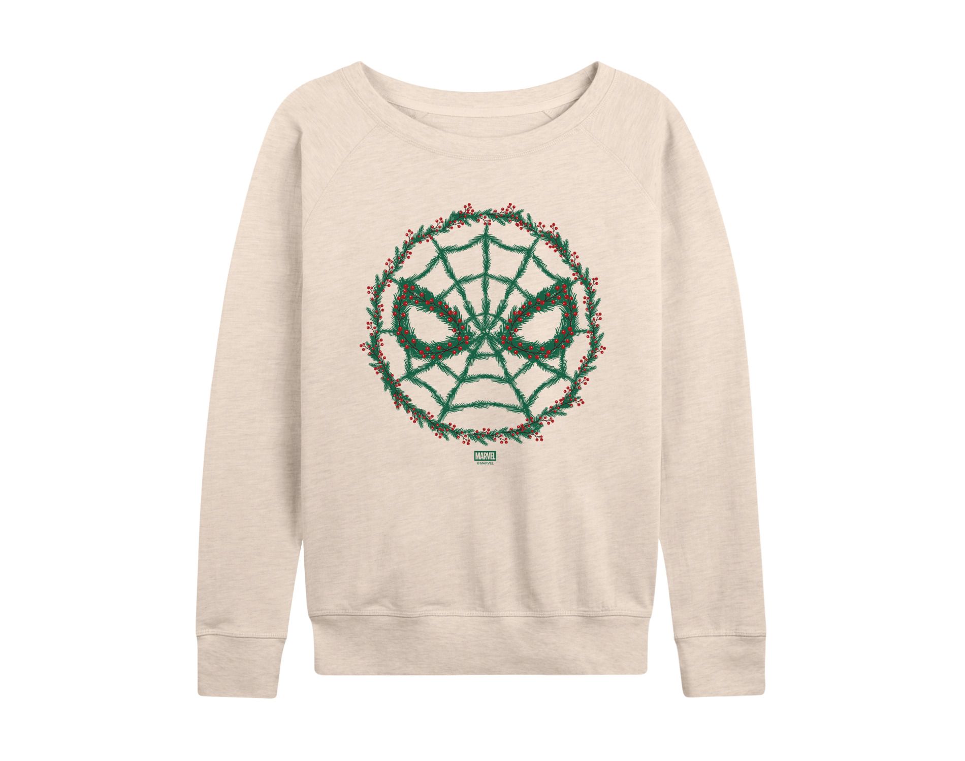 Women's Marvel Spider Man Wreath Lightweight French Terry Wide Neck Long Sleeve Graphic Shirt - Birch - Small