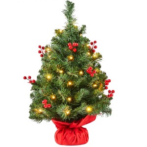 Yaheetech 2Ft/3Ft Tabletop Christmas Tree with LED Lights & Red Berries, Green - 1 of 4