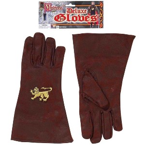 Brown Medieval Adult Costume Gloves With Gold Lion Emblem - 1 of 1