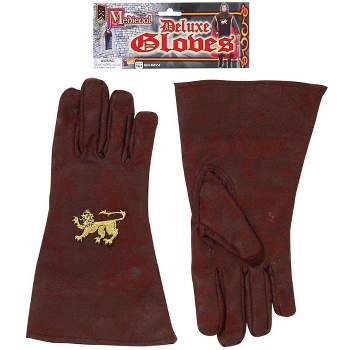 Brown Medieval Adult Costume Gloves With Gold Lion Emblem
