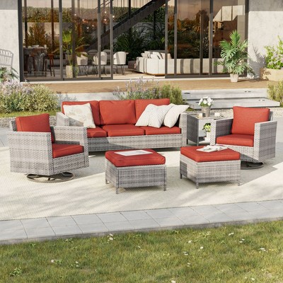 Sonkuki 6-Piece Patio Conversation Set with Swivel Rocking Chair and Side Table, Navy Blue Cushion