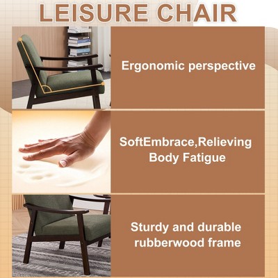 Infographic describing ergonomic perspective, soft embrace, durable rubberwood frame