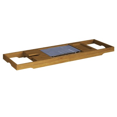 Natural Acacia Wood Extendable Bathtub Tray with Wine Holder