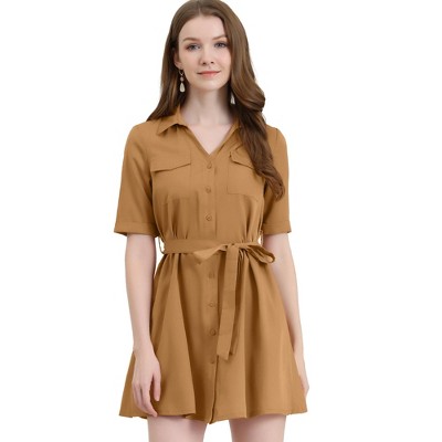 INSPIRE CHIC Women's V-Neck Short Sleeve Belted A-Line Dress