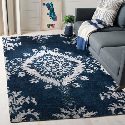 Indigo and White Hand-Knotted Wool 4' x 6' Area Rug