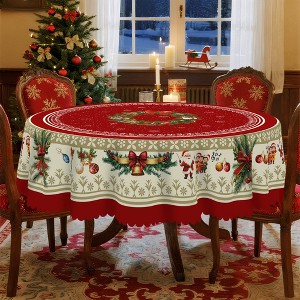LOVEVOOK Round 60 Inch Christmas Tablecloth, Winter Snowman Trees Red Washable Table Cover for Party Picnic Dinner Holiday Decor - 1 of 4