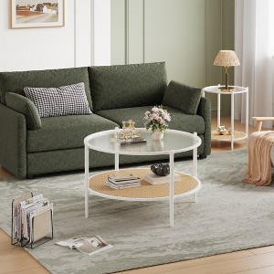 30" Rattan Coffee Table, 2 Tier Wooden Round Center Table with Tempered Glass Top, Farmhouse Cocktail Tea Table for Living Room Bedroom Office - 1 of 4