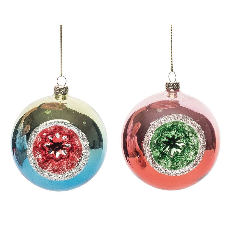 Transpac Glass 4.5 in. Multicolored Christmas Retro Round Ornament Set of 2, 1 of 2