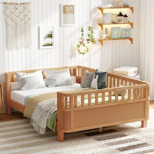 Hrinhom 77.4"W Full Size Wood Platform Bed for Kids, Wood Low Profile Full Bed with Rails - 1 of 4
