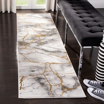 Elegant Abstract Gray and Gold 2' x 8' Synthetic Runner Rug
