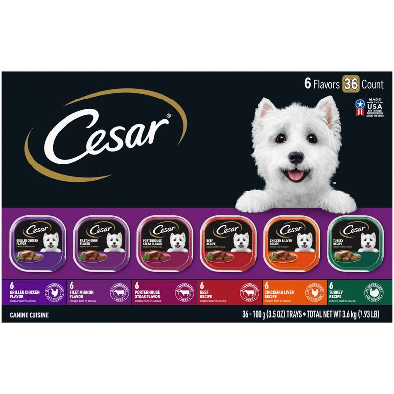 Cesar Classic Loaf in Sauce Grilled Chicken, Filet Mignon, Porterhouse Steak, Beef, Chicken &#38; Liver and Turkey Adult Wet Dog Food - 3.5oz/36ct, 1 of 12