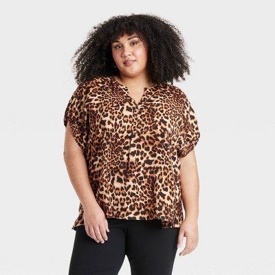 Women's Short Sleeve Henley Neck Blouse - Ava & Viv™ Brown Animal Print XXL