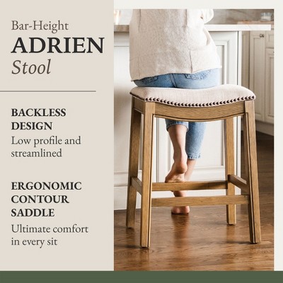 Adrien Natural Wirebrush Wood Saddle Barstool with Cream Cushion, Set of 2