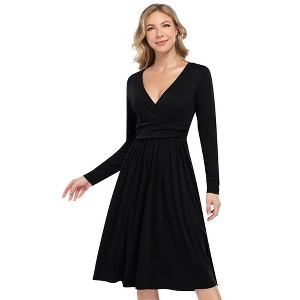 V Neck Casual Dress Long Sleeve Empire Waist Wrap Midi Party Dresses with Pocket - 1 of 4