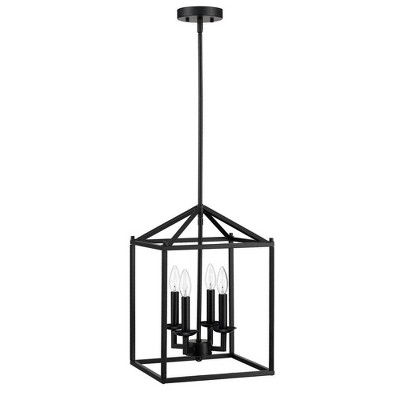 4-Light Matte Black Lantern Chandelier with Black Metal Outer Cage