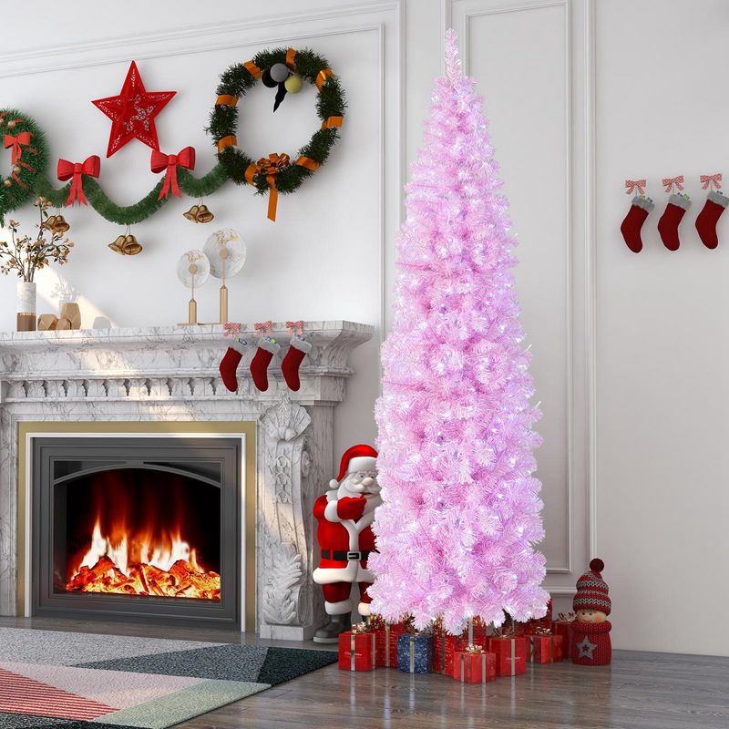 Costway 5 FT/6FT/7FT Pre-lit Christmas Tree Hinged Pencil Xmas Decoration with 190/250/350 LED Lights Pink, 2 of 11