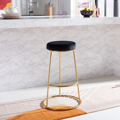 Minimalist Black Velvet and Gold Metal Round Bar Stool