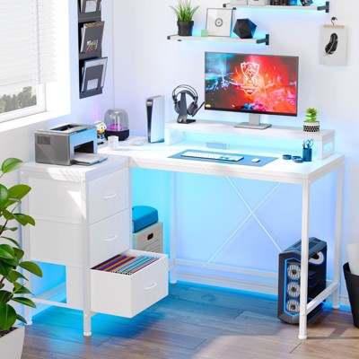 L Shaped Desk with Power Outlets & LED Lights, Computer Desk with Drawers & Shelves, Corner Desk Gaming Desk Home Office Desk