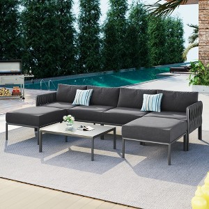 Whisen Aluminum Patio Conversation Set, Modern Metal Outdoor Sectional Sofa With Extra Thick Cushions - Gray - 1 of 4