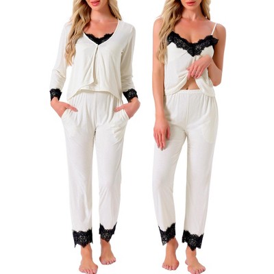 INSPIRE CHIC Women's Loungewear Lace Cami Spaghetti Strap Sleeveless Soft Pants Set with Pockets Cardigan 3 Piece Pajama Set