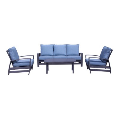 Courtyard Casual Cabo 4 pc Sofa Coffee Table Set  Includes: One Sofa, One Coffee Table and Two Club Chairs  Aluminum Frame with Sunbrella Cushions