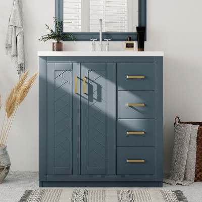 JUJABU 30'' Freestanding Bathroom Vanity with Ceramic Sink, Solid Wood Base, 3 Drawers & Soft-Close Doors for Bathroom Storage