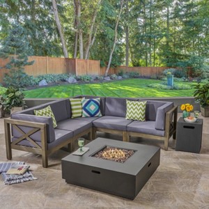 Christopher Knight Home Culatra Outdoor Acacia Wood 5 Seater Sectional Sofa Set with 50,000 BTU Iron Fire Pit - 1 of 4