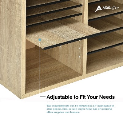 Medium Oak Adjustable 12-Compartment Wood Literature Organizer