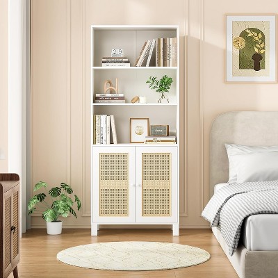 Lirago 5 Shelf Tall Bookcase with Rattan Doors White Freestanding Storage Display Shelves for Home Office Bedroom Living Room Easy to Assemble