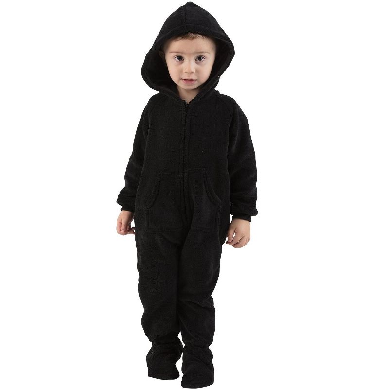 Footed Pajamas - Family Matching - Jet Black Hoodie Chenille Onesie For Boys, Girls, Men and Women | Unisex, 1 of 5